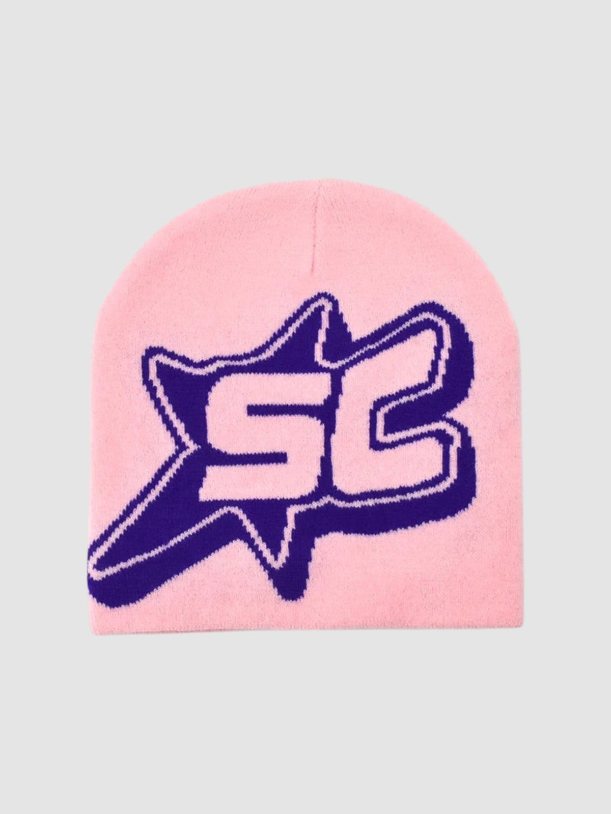 Y2K Studio pink skullie beanie with a purple SC monogram inside a shooting star design, knit streetwear style.