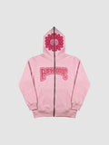 Y2K Studio pale pink zip-up hoodie featuring a dark pink smiley flower on the hood and bubble lettering on the chest.