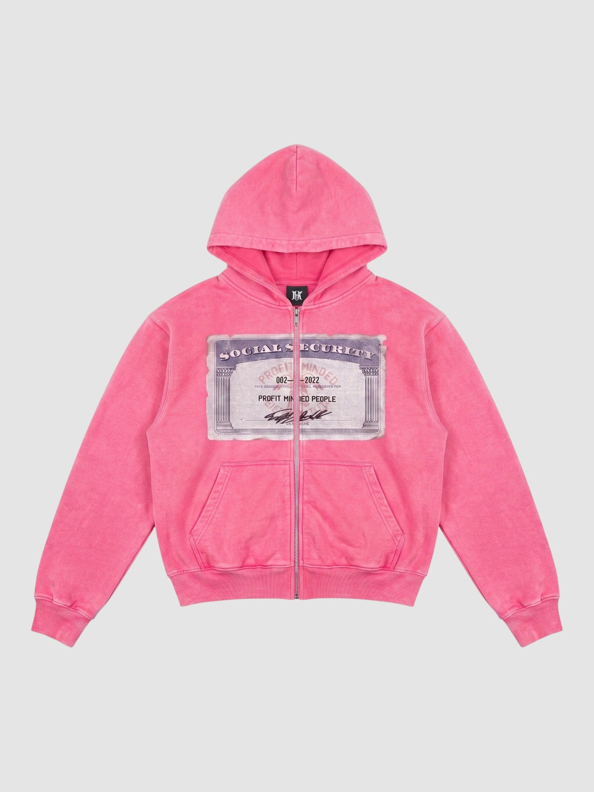 Y2K Studio bright pink zip-up hoodie featuring a Social Security card graphic print on the chest and metal zipper.