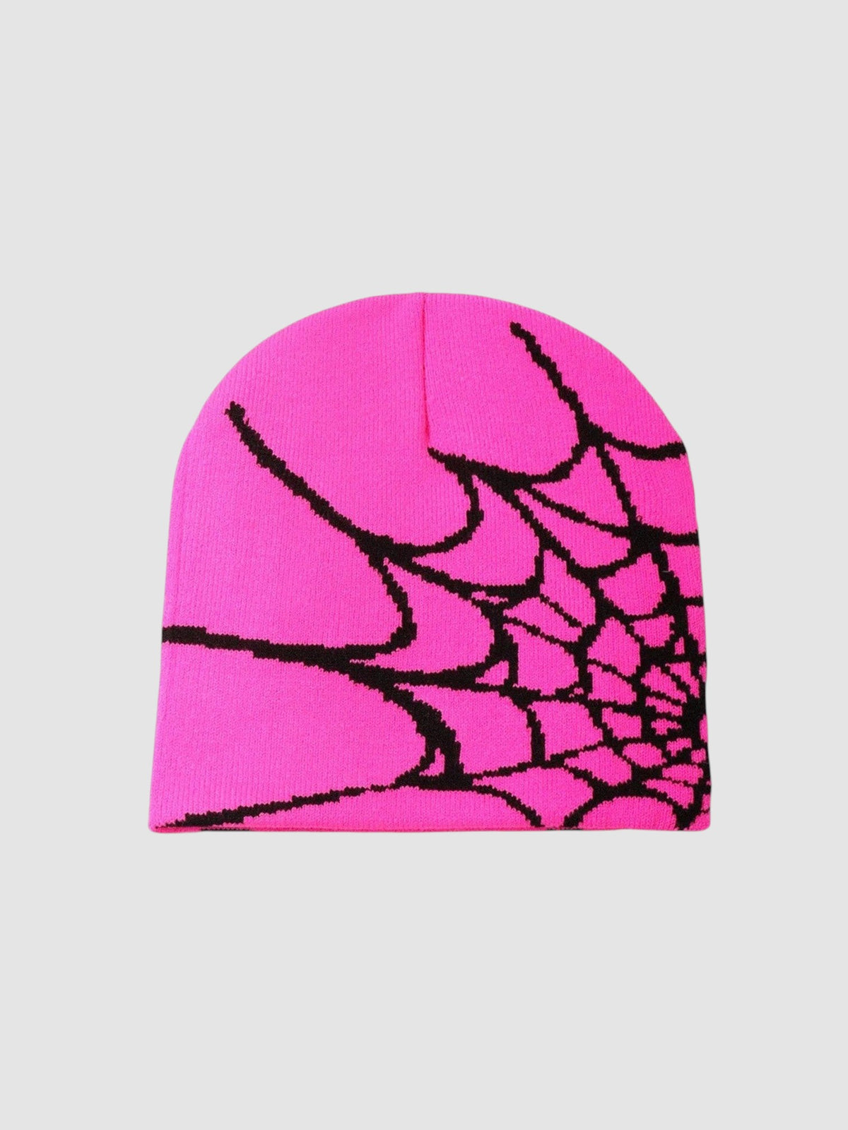 Y2K Studio beanie in bright pink with a black spider web graphic pattern knitted in a lightweight polyester fabric.