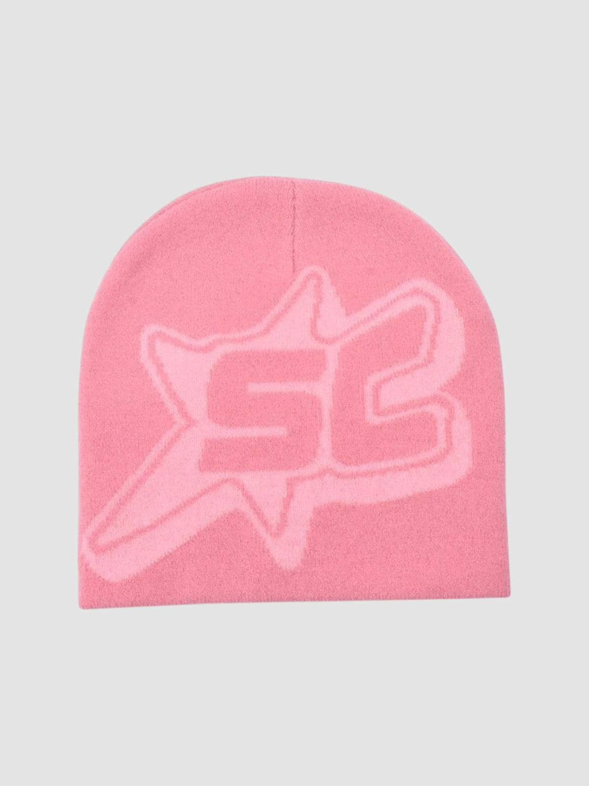 Y2K Studio pink skullie beanie featuring a prominent SC monogram inside a star design in a lighter shade of pink.