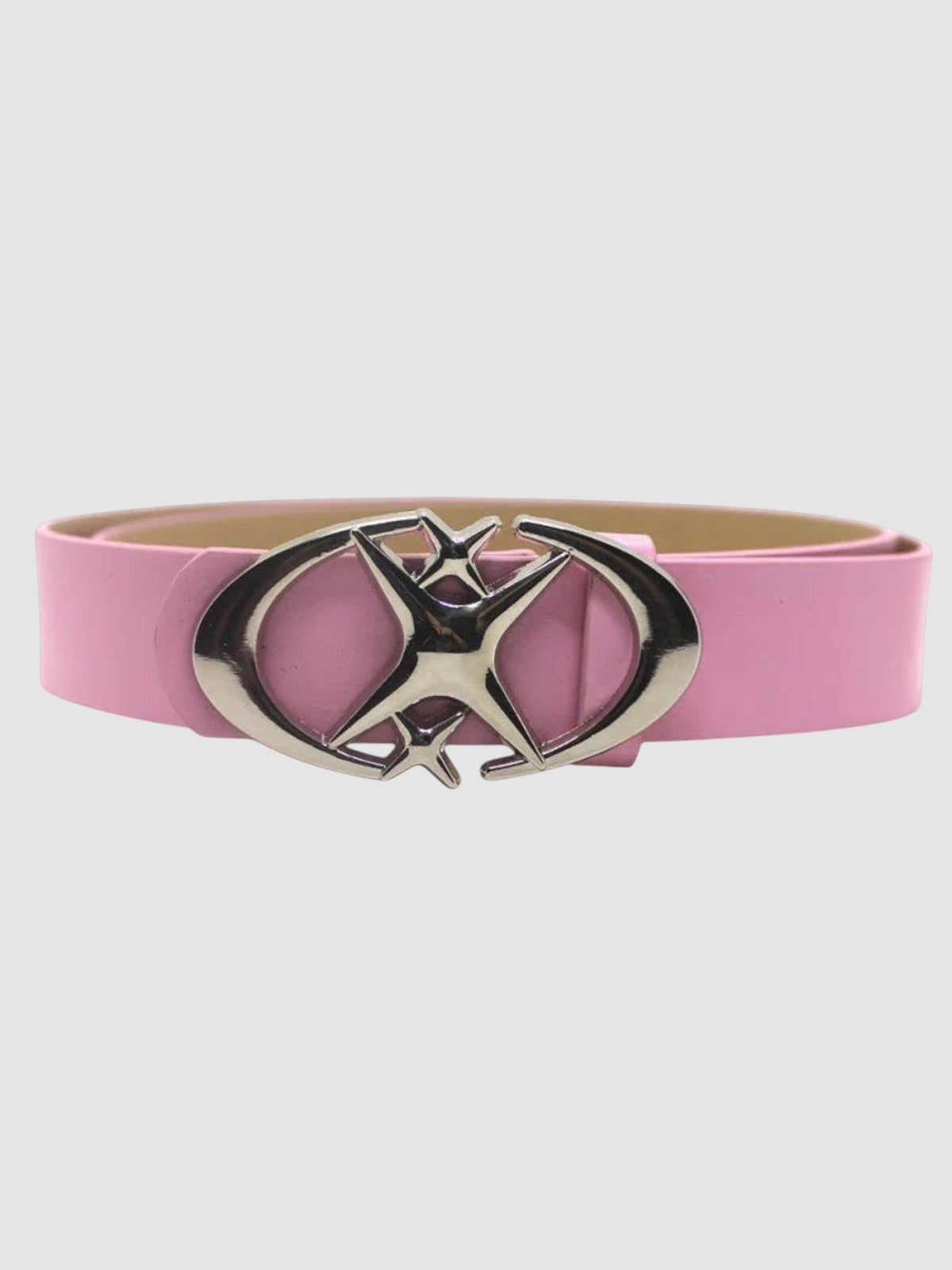 Y2K Studio pink faux leather belt featuring a shiny silver star-shaped buckle with curved crescent blades