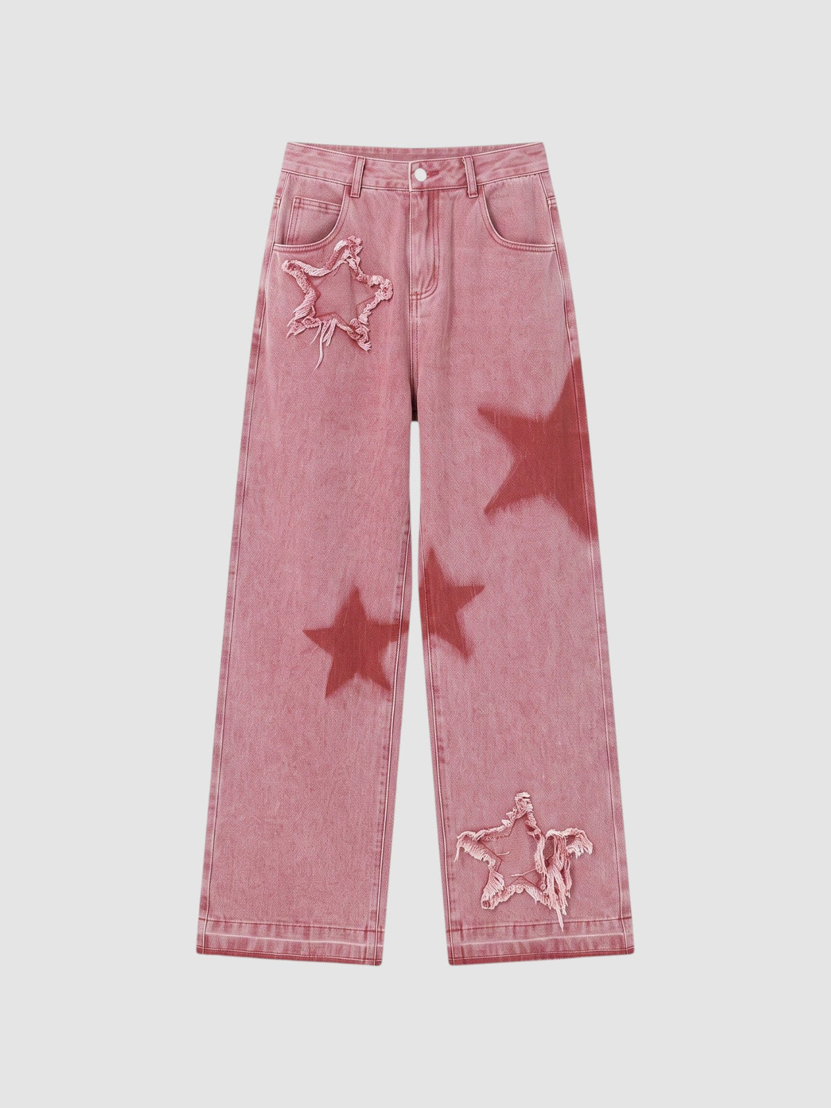 Y2K Studio wide leg pink jeans with distressed star patches and faded red star prints in a cotton blend fabric.
