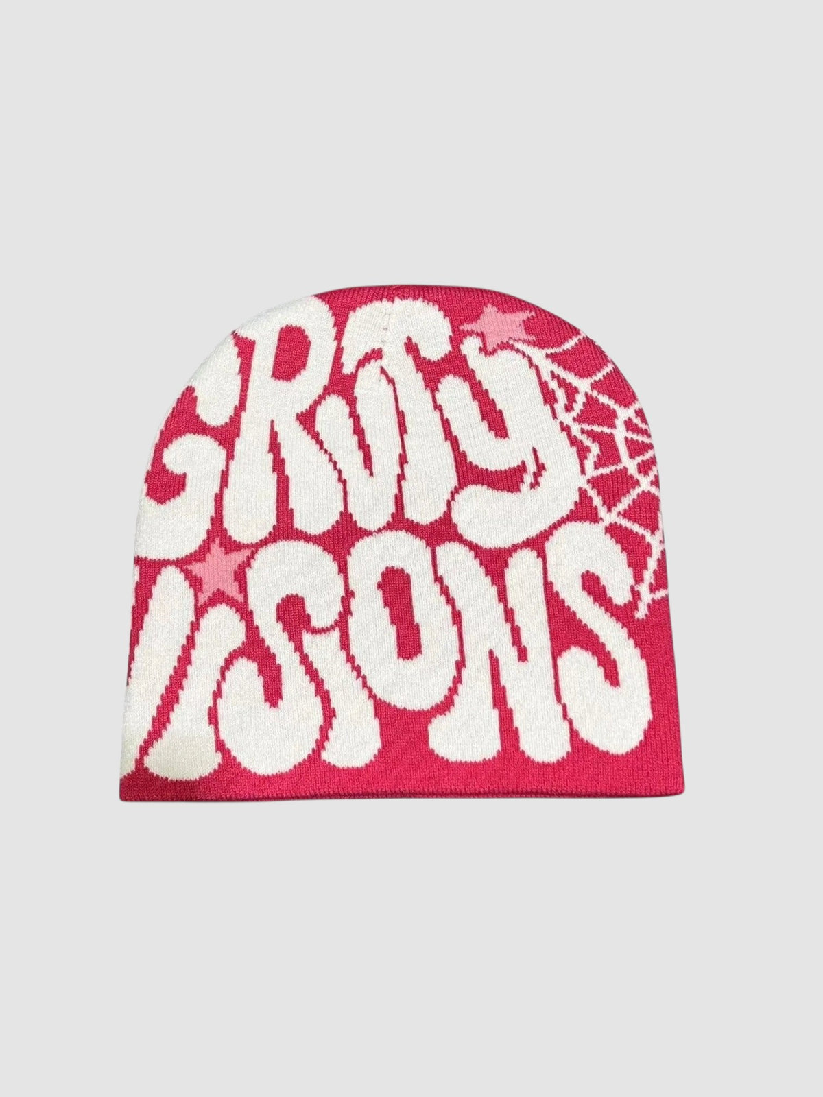 Y2K Studio vintage beanie in pink and white with groovy graffiti lettering and star details