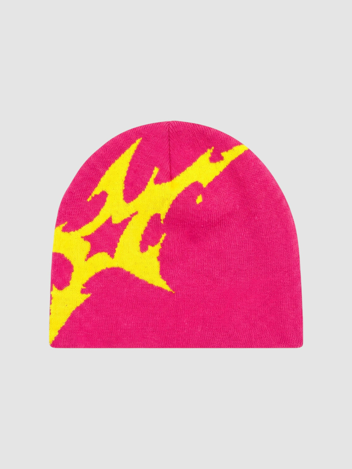 Y2K Studio beanie in bright pink acrylic knit featuring an asymmetrical yellow lightning bolt graphic design.