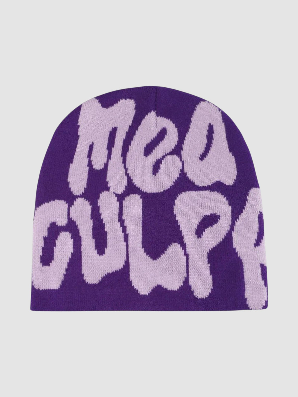 Y2K Studio Mea Culpa beanie in purple with light purple bubble graffiti lettering in a classic skullie fit.