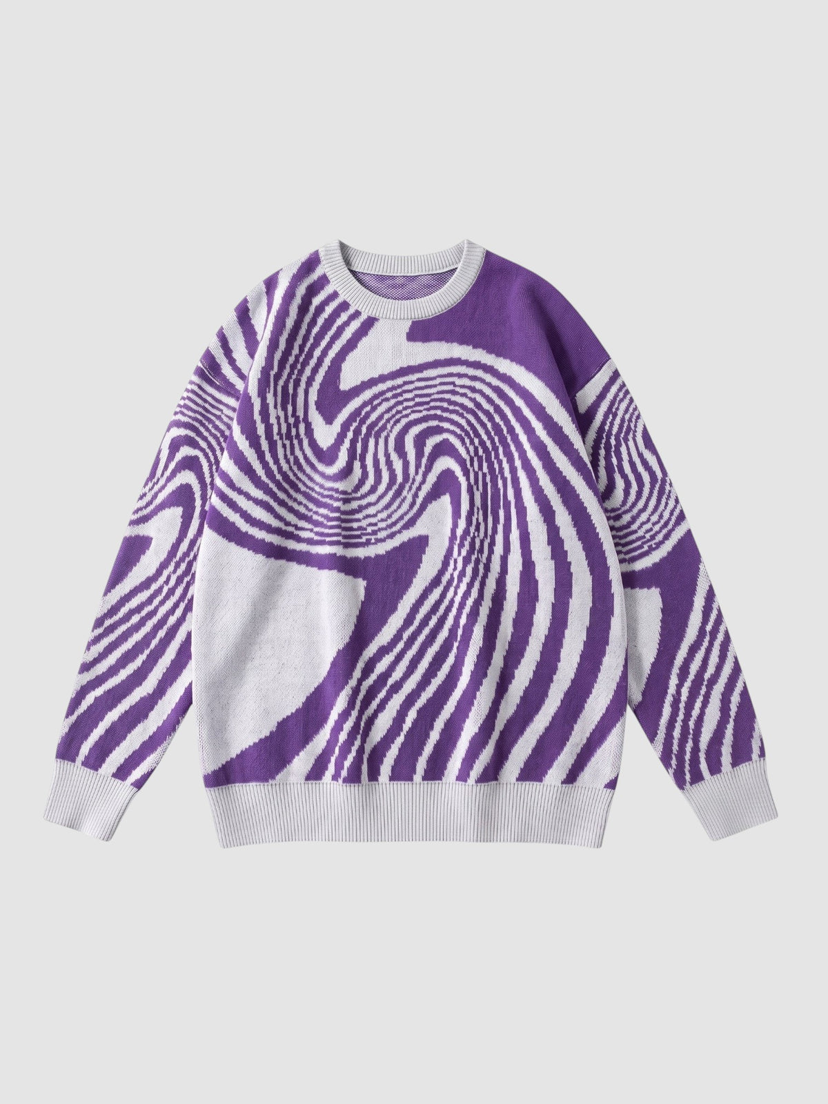 Y2K STUDIO crew neck sweater featuring a purple and white spiral swirl pattern in a lightweight knit fabric