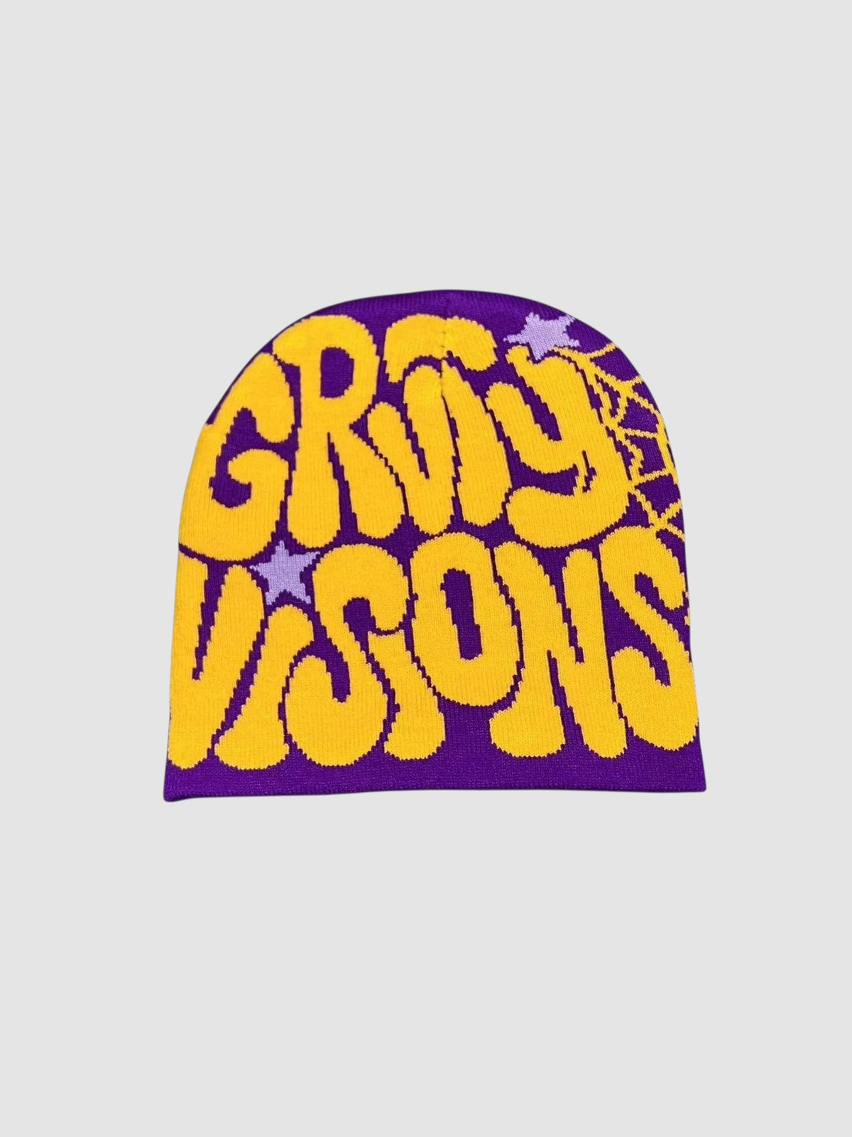 Y2K Studio vintage beanie featuring yellow groovy visions graffiti lettering on a purple knit background with stars