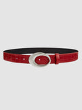 Y2K Studio red patent faux leather crocodile embossed belt with a large silver oval buckle