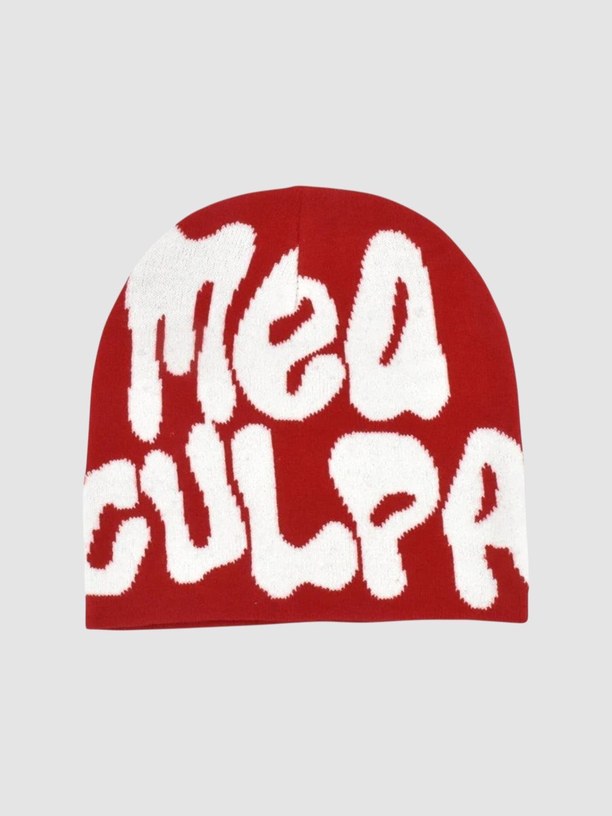 Y2K Studio red skullie beanie with white graffiti-style Mea Culpa bubble lettering in fine knit polyester