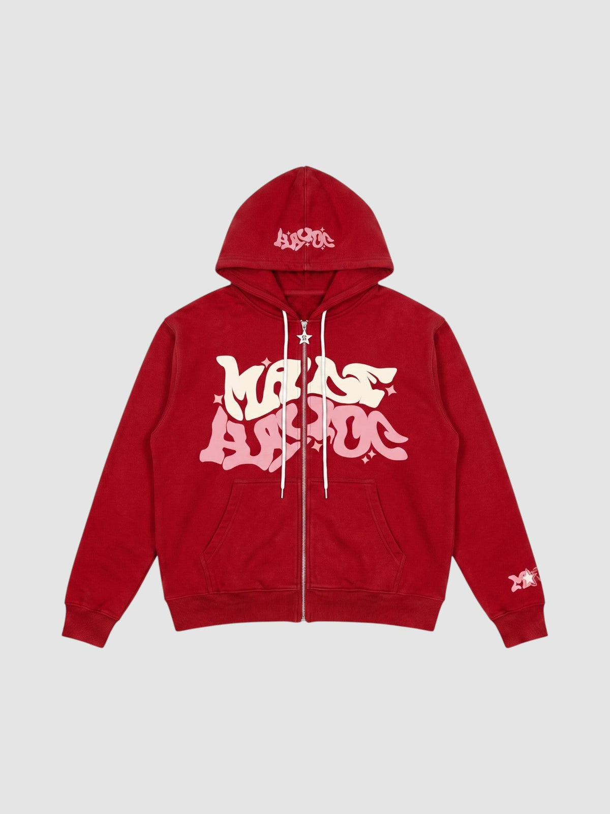 Y2K Studio red zip-up hoodie featuring oversized pink and cream graffiti lettering and star accents on the front.