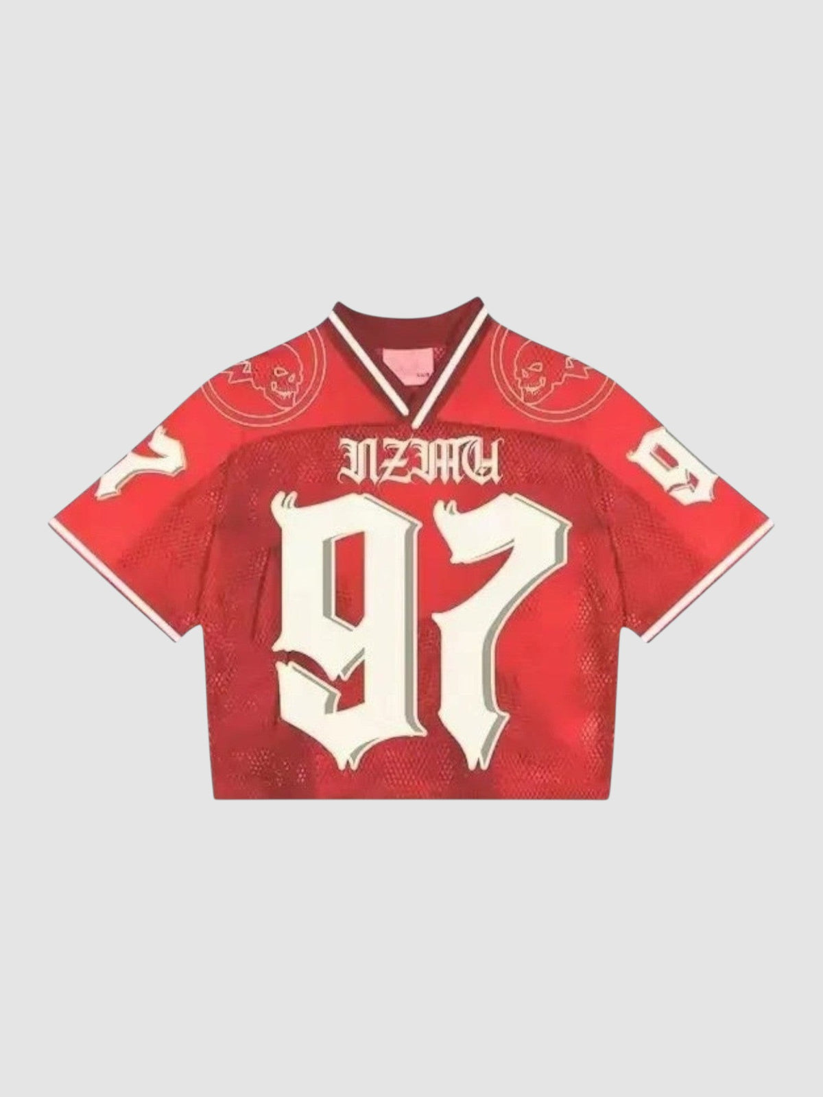 Y2K Studio cropped red mesh football jersey with white 97 graphic, V-neck, and skull details on shoulders.
