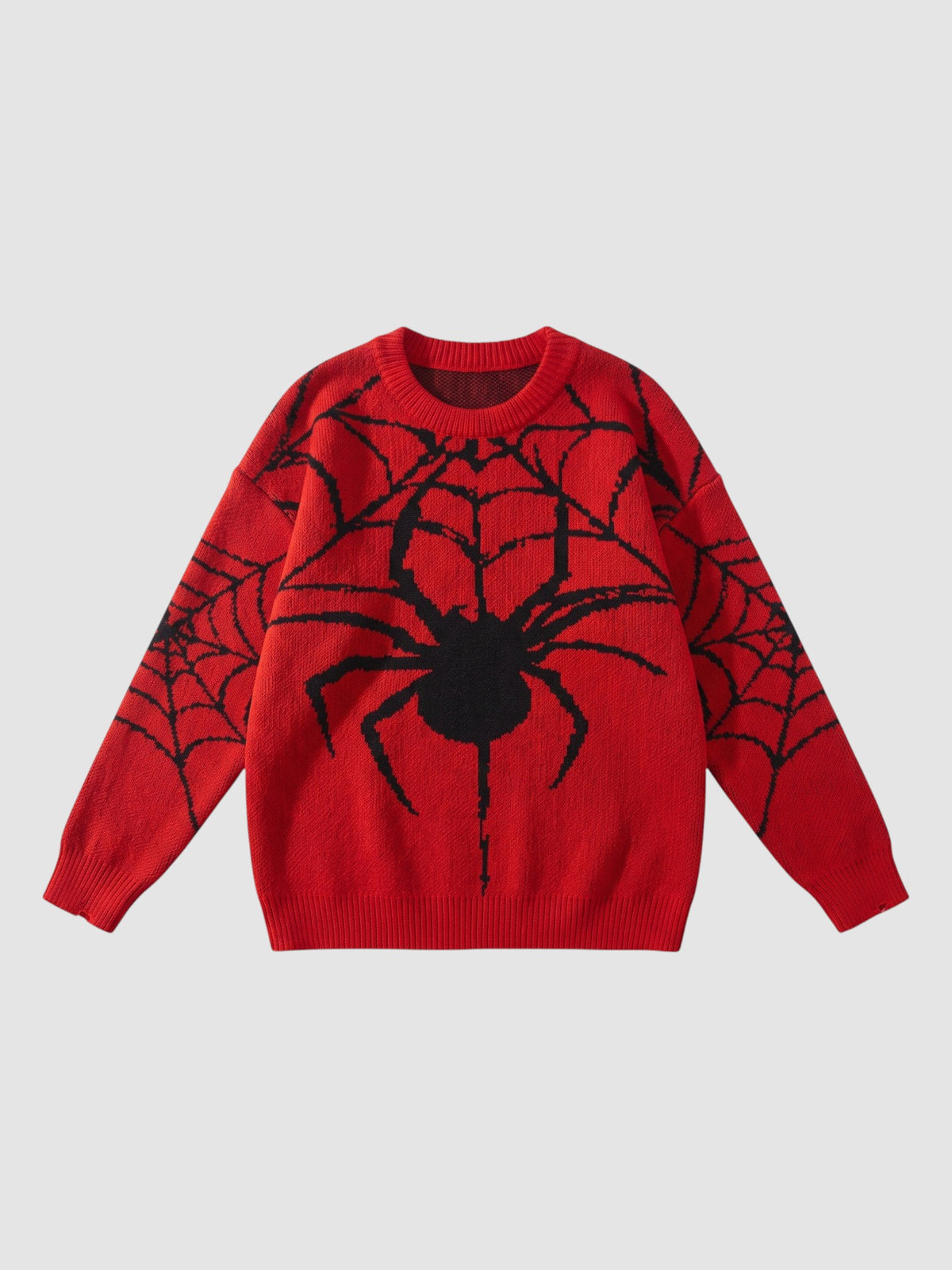 Y2K STUDIO red oversized knit sweater featuring a large black embroidered spider web design on the front and sleeves.