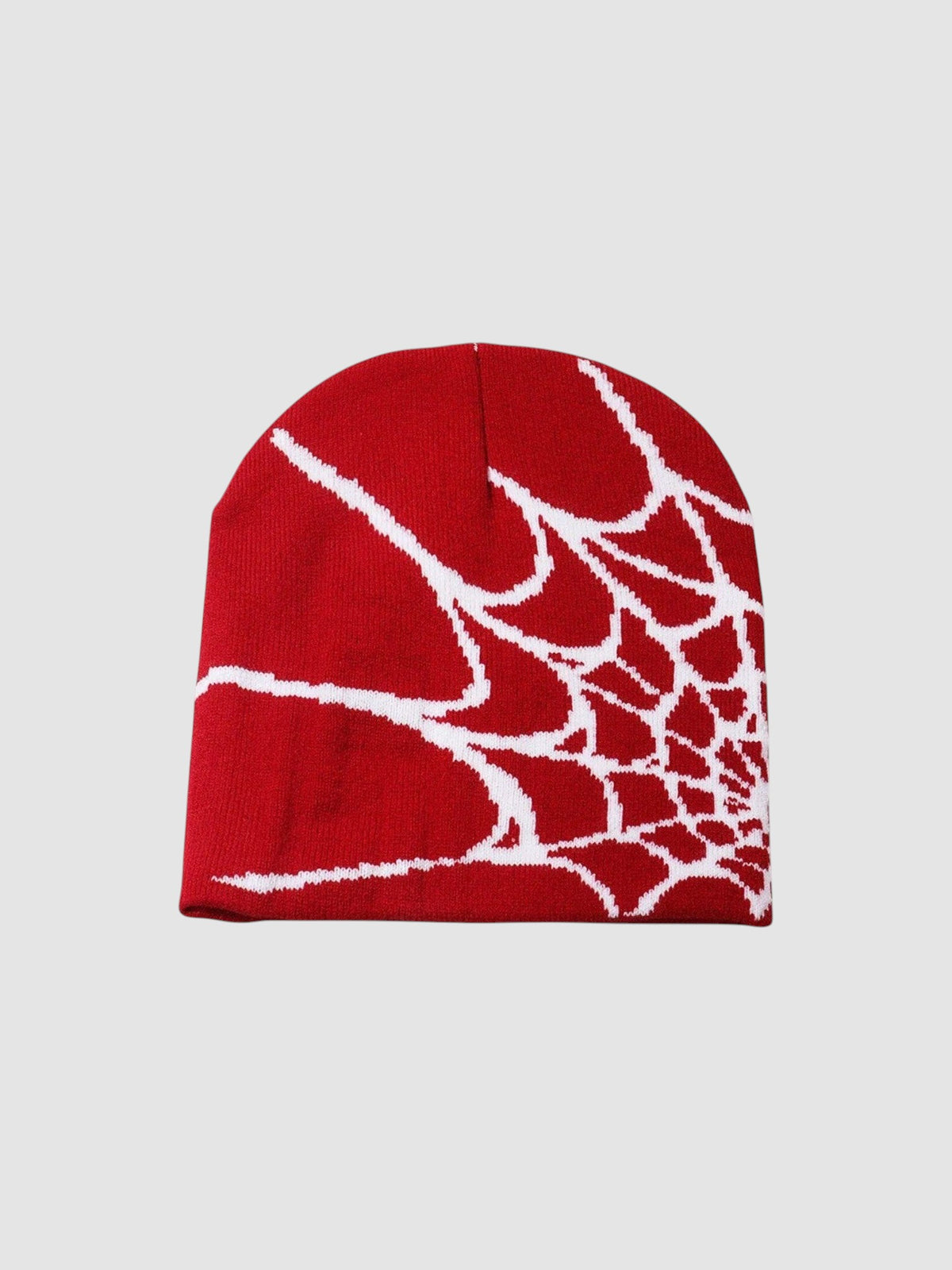 Y2K Studio red knit beanie featuring a white spider web pattern with a radiating design.