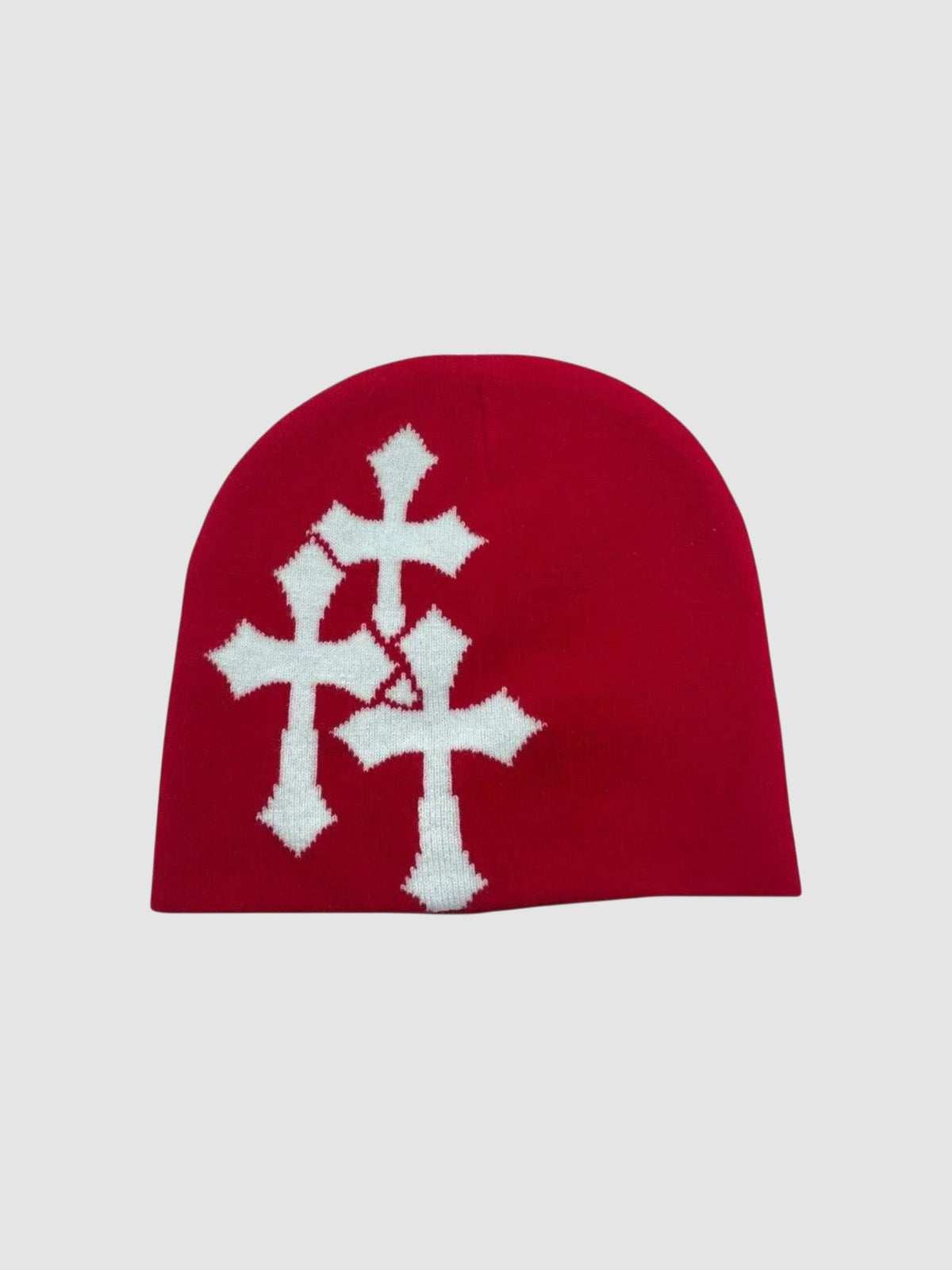 Y2K Studio red beanie with a white jacquard knit triple cross pattern in a classic streetwear style