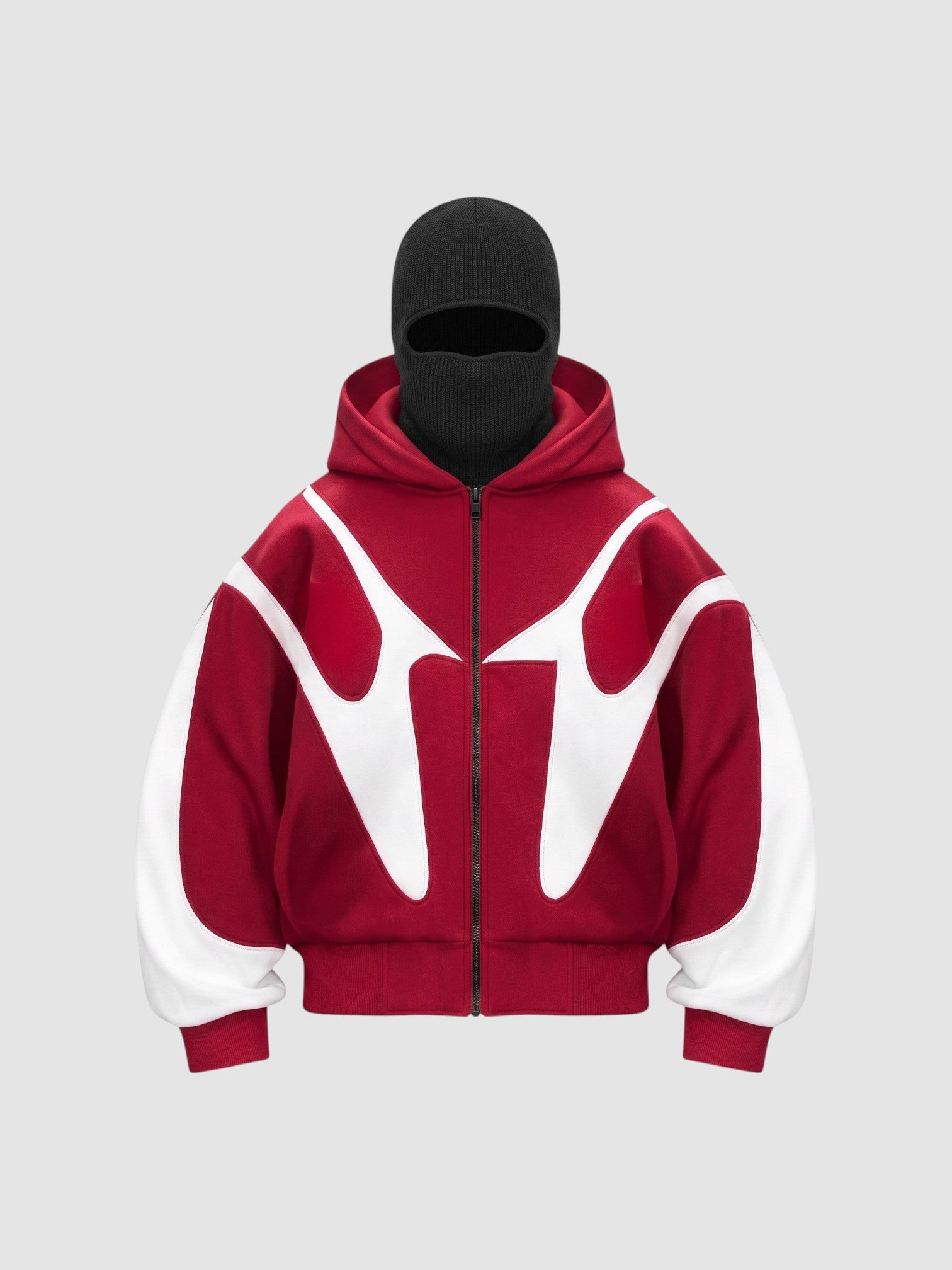 Y2K Studio red and white oversized streetwear jacket with integrated black balaclava hood and fleece lining