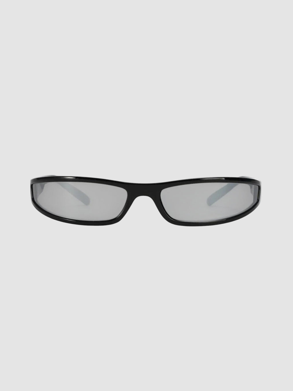 Y2K Studio retro sunglasses with a black one-piece frame and silver mirrored lenses in a sleek Y2K aesthetic.