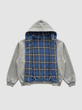 Y2K STUDIO reversible zip-up hoodie featuring a grey cotton fleece exterior and a blue tartan plaid interior lining.