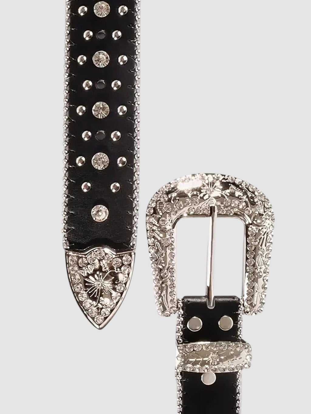 Y2K Studio black faux leather belt with silver western buckle and floral metal details encrusted with sparkling rhinestones