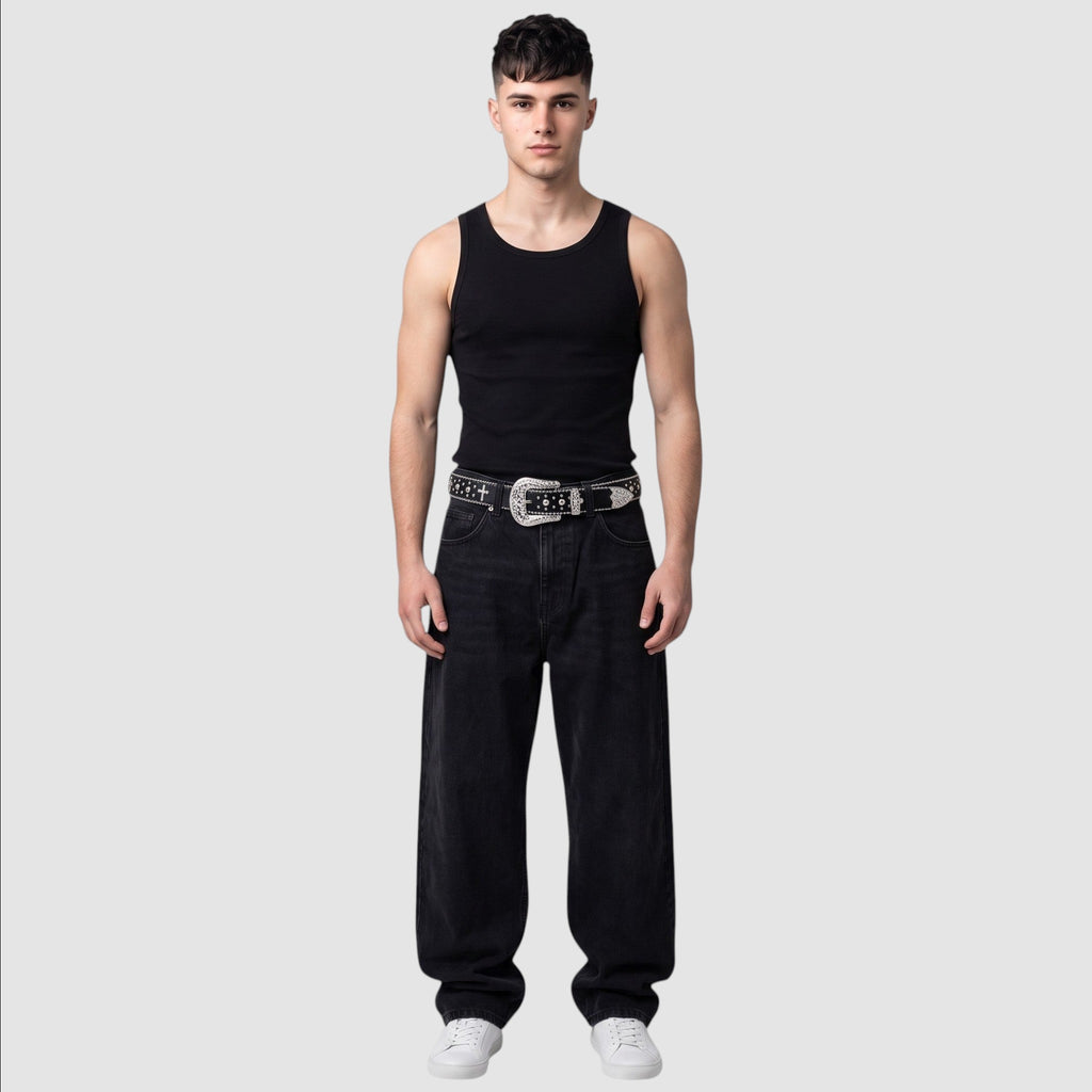 Y2K Studio Ceinture Diamant featuring a black faux leather belt with rhinestones and an ornate silver western buckle.