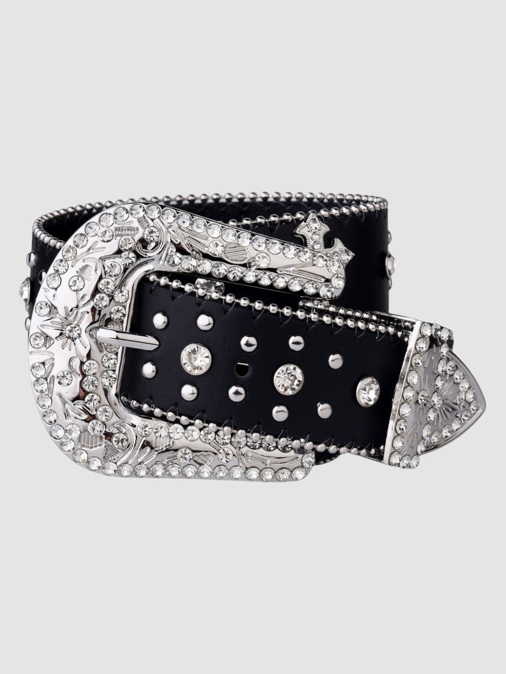 Y2K Studio black faux leather belt featuring a large silver western buckle and strap adorned with sparkling rhinestones