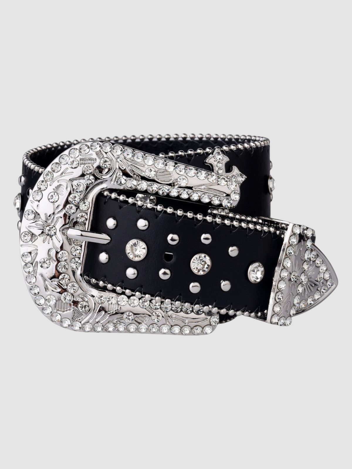 Y2K Studio black faux leather belt featuring a large silver western buckle and strap adorned with sparkling rhinestones