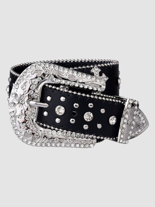 Y2K Studio black faux leather belt featuring a large silver western buckle and strap adorned with sparkling rhinestones