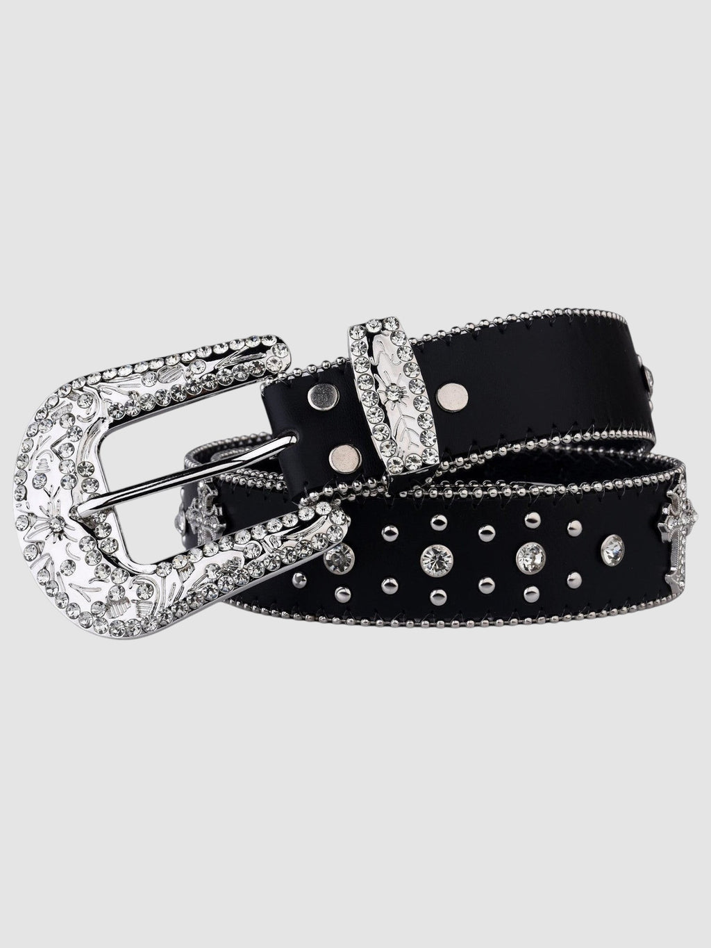 Y2K Studio black faux leather belt with a silver western buckle, floral metal detailing, and sparkling rhinestones.