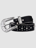 Y2K Studio black faux leather belt with a silver western buckle, floral metal detailing, and sparkling rhinestones.