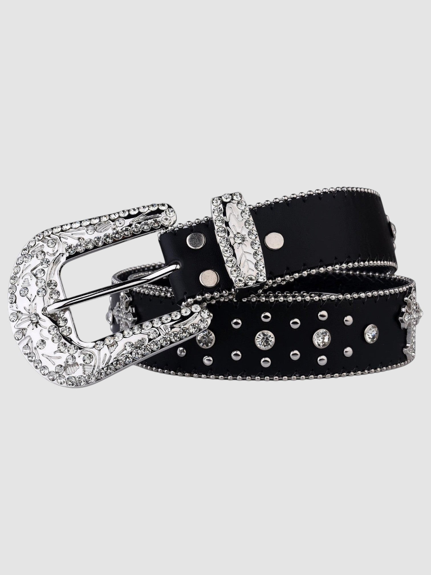 Y2K Studio black faux leather belt with a silver western buckle, floral metal detailing, and sparkling rhinestones.