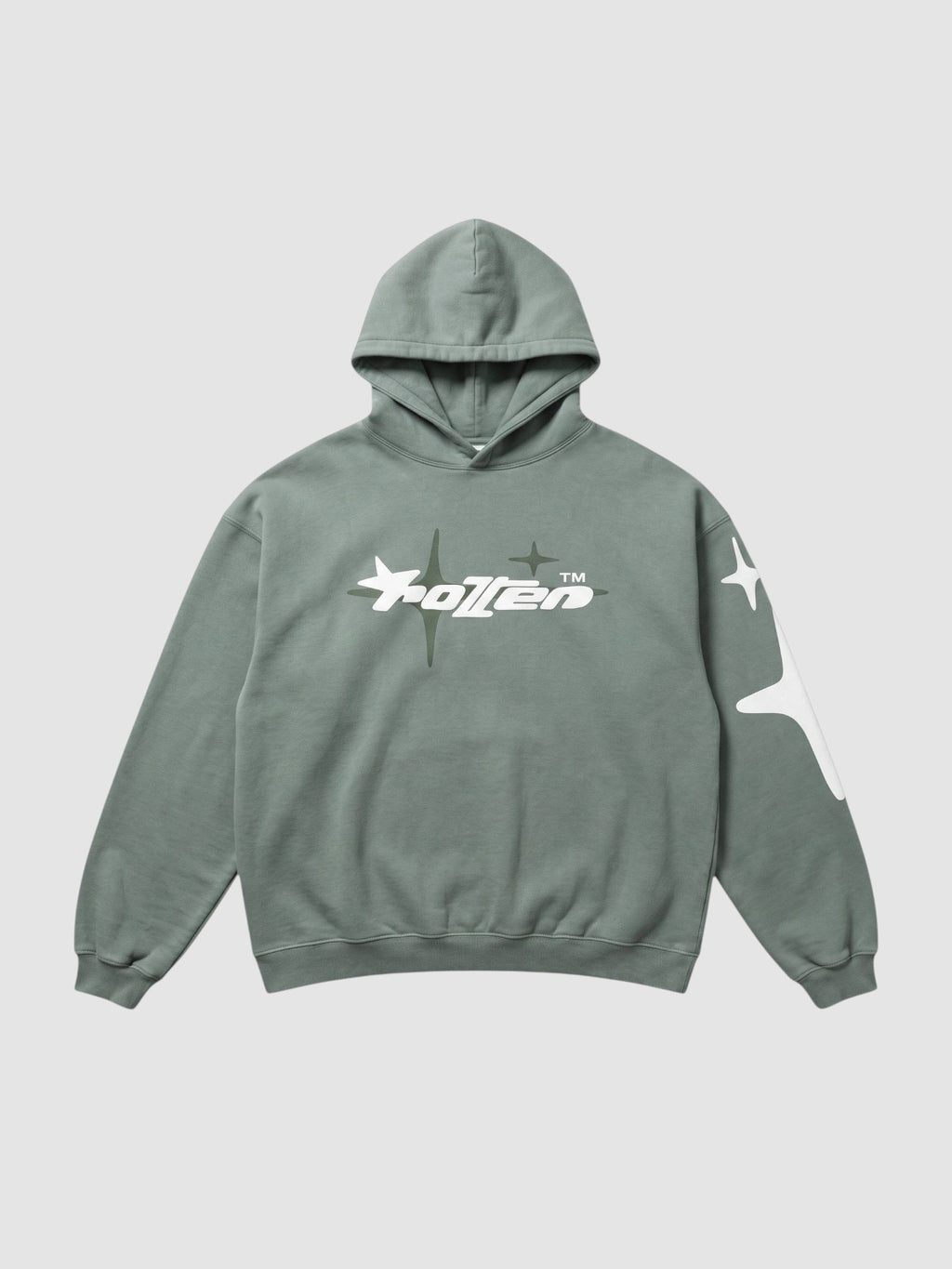 Y2K Studio sage green oversized hoodie with white star graphic print and lettering on chest and sleeve