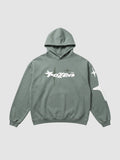 Y2K Studio sage green oversized hoodie with white star graphic print and lettering on chest and sleeve