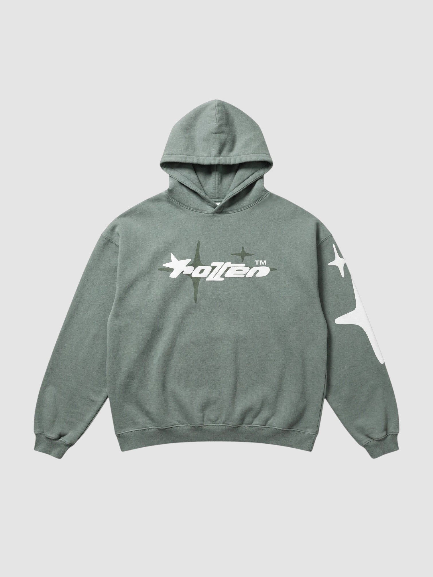 Y2K Studio sage green oversized hoodie with white star graphic print and lettering on chest and sleeve