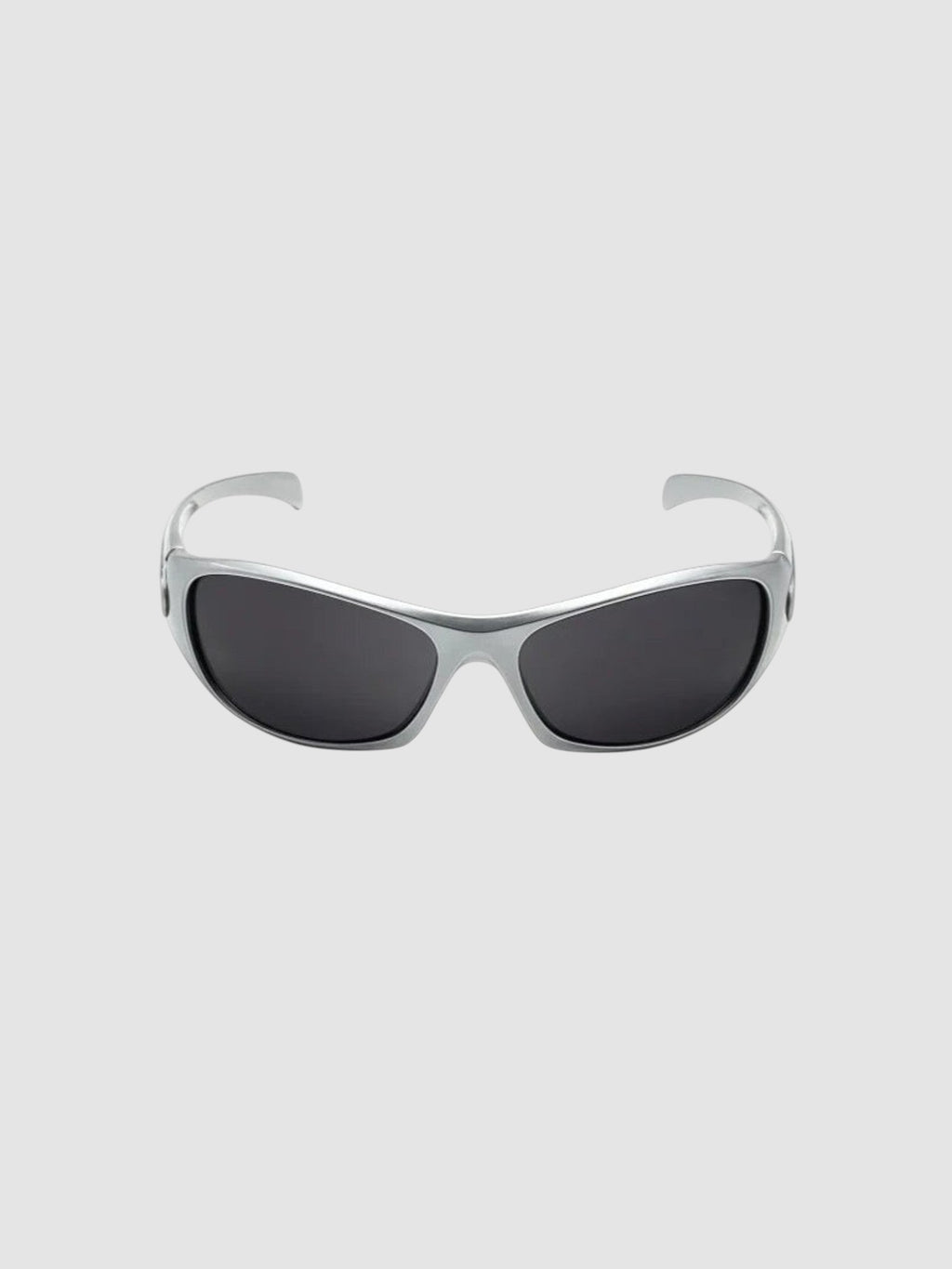 Y2K Studio silver and black wraparound sport sunglasses with UV400 polycarbonate lenses for an active Y2K aesthetic.