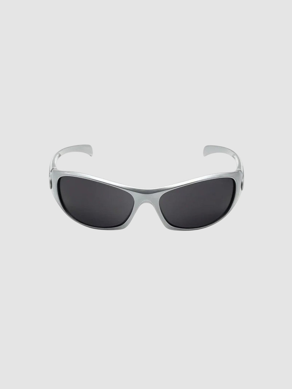Y2K Studio silver and black wraparound sport sunglasses with UV400 polycarbonate lenses for an active Y2K aesthetic.