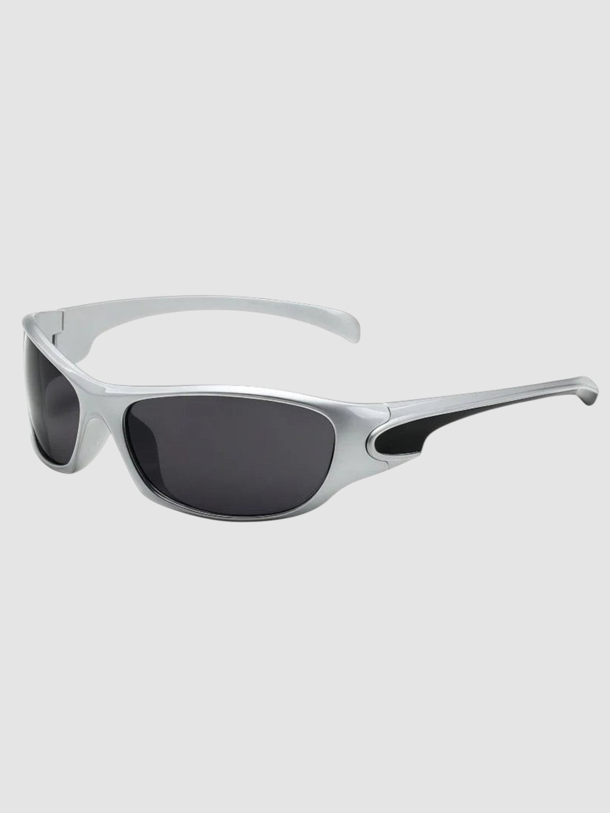 Y2K Studio silver and black wraparound sport sunglasses with anti-reflective UV400 lenses and rubber grip details.