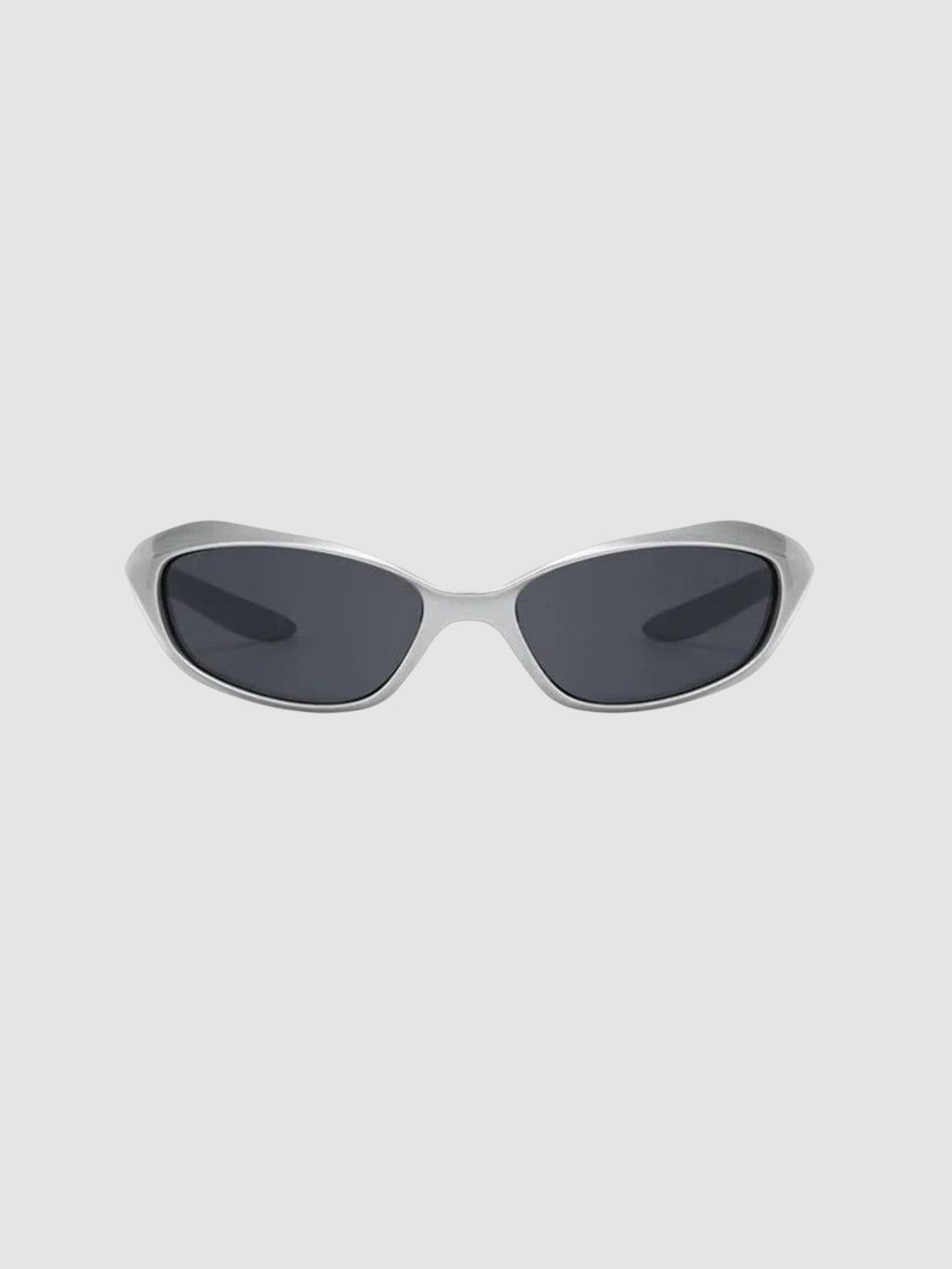 Y2K Studio futuristic silver wraparound sunglasses with dark tinted lenses and a metallic polycarbonate frame.