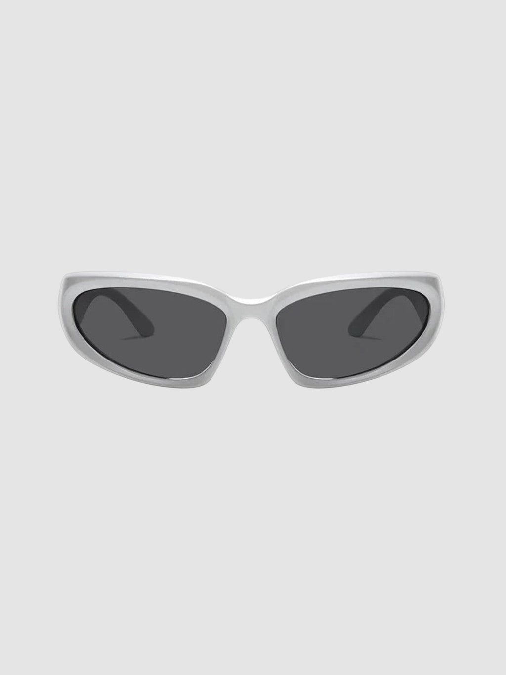 Y2K Studio silver gorpcore wraparound sunglasses with dark grey tinted lenses for a technical outdoor look.