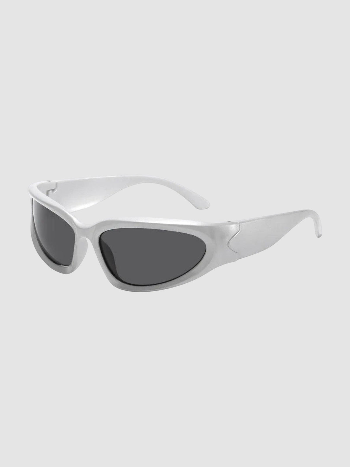 Y2K Studio gorpcore wraparound sunglasses in silver with dark grey tinted lenses and a technical frame design.
