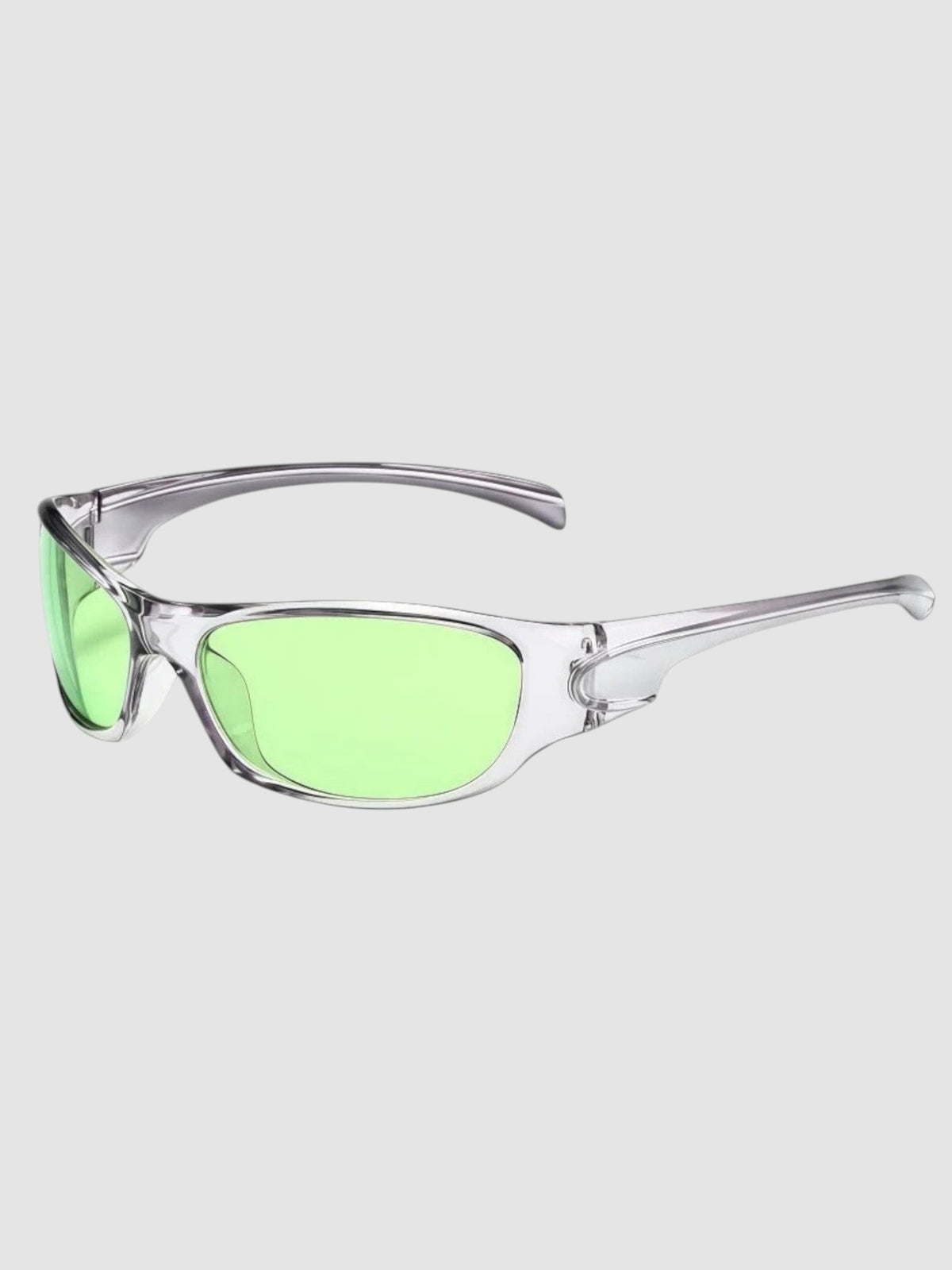 Y2K Studio wraparound sport sunglasses with a translucent silver frame and vibrant green lenses