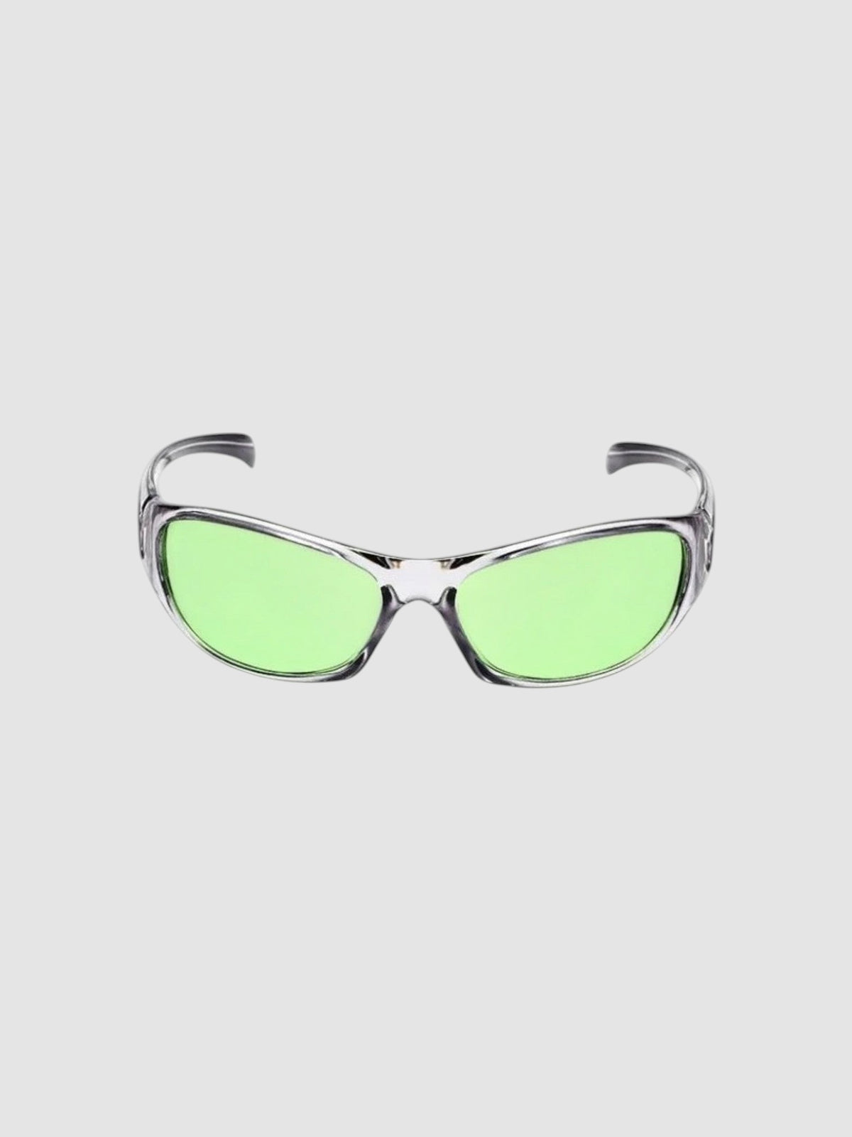Y2K Studio wraparound sport sunglasses with a silver frame and vibrant green lenses for an active Y2K aesthetic