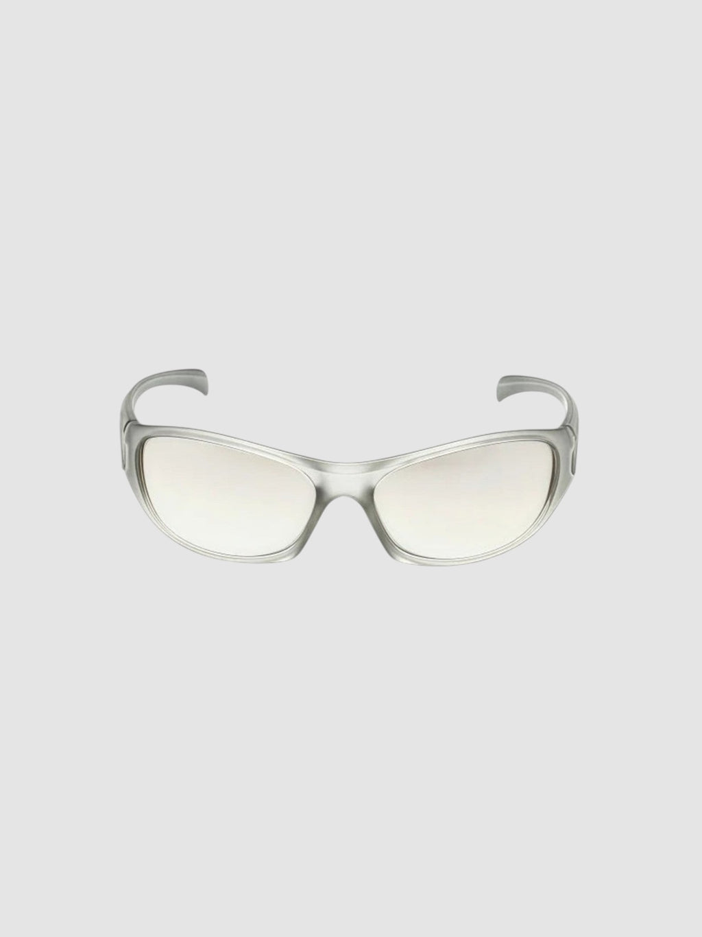 Y2K Studio silver wraparound sport sunglasses with a sleek polycarbonate frame and anti-reflective lenses.