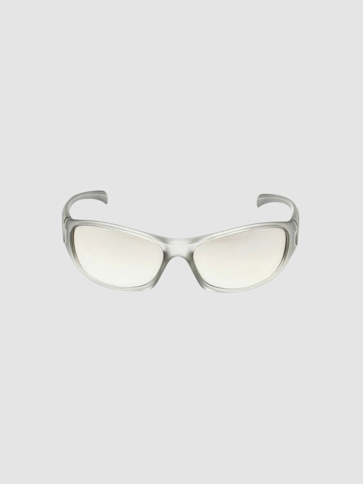 Y2K Studio silver wraparound sport sunglasses with a sleek polycarbonate frame and anti-reflective lenses.