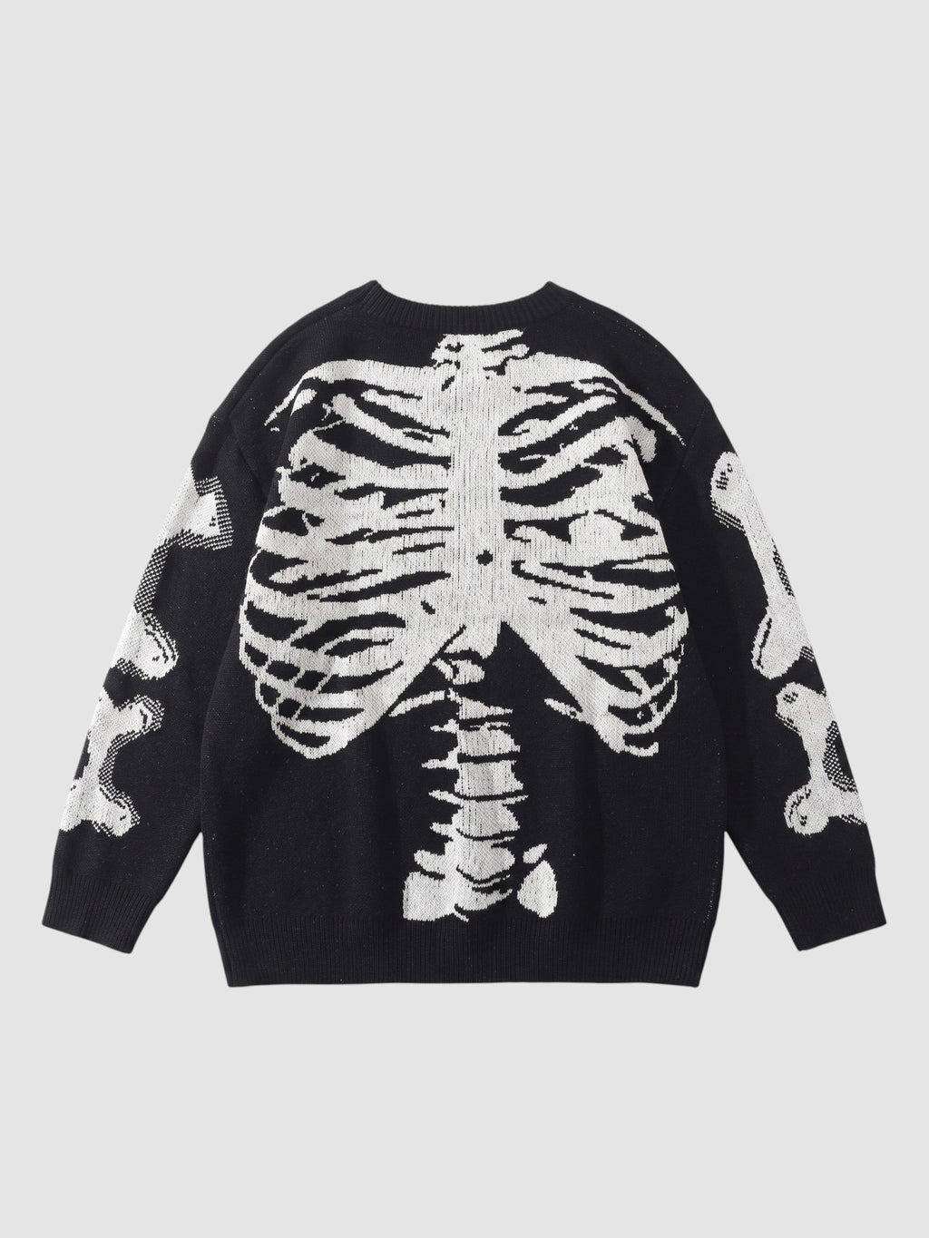 Y2K STUDIO black knit sweater featuring a white 3D-effect rib cage and spine design with bone patterns on sleeves.