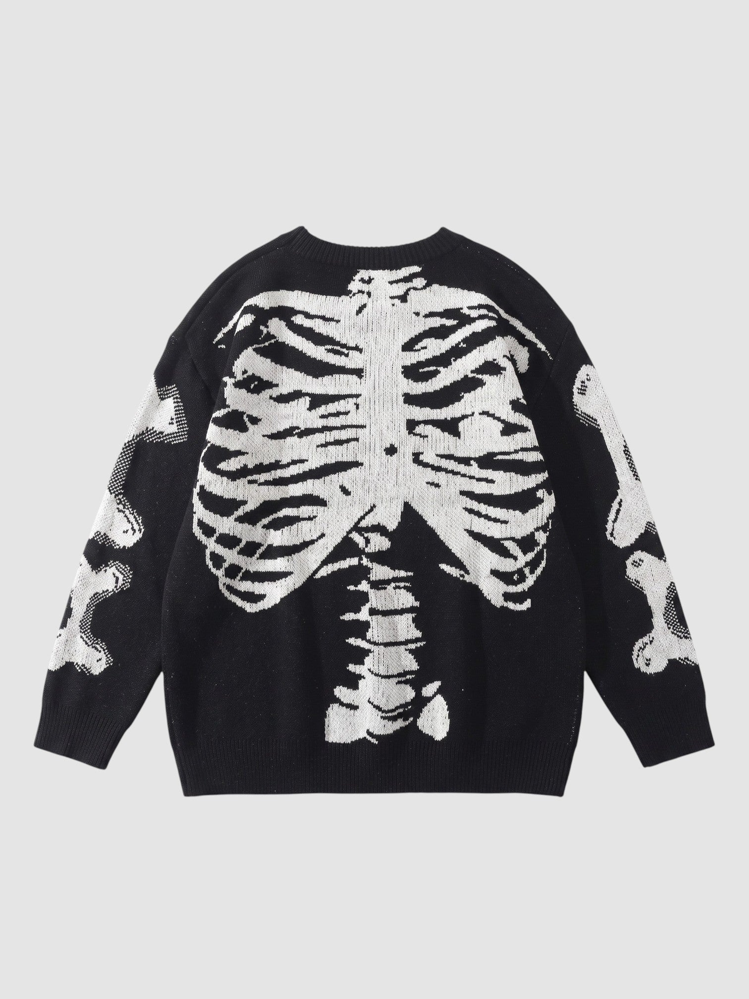 Y2K STUDIO black knit sweater featuring a white 3D-effect rib cage and spine design with bone patterns on sleeves.