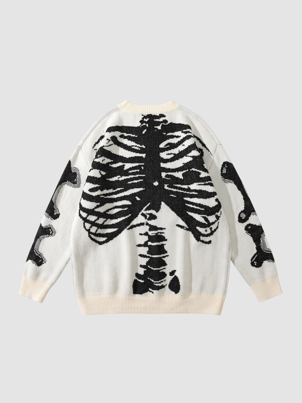 Y2K STUDIO white knit sweater featuring a black 3D-effect rib cage and spine design with bone patterns on sleeves.