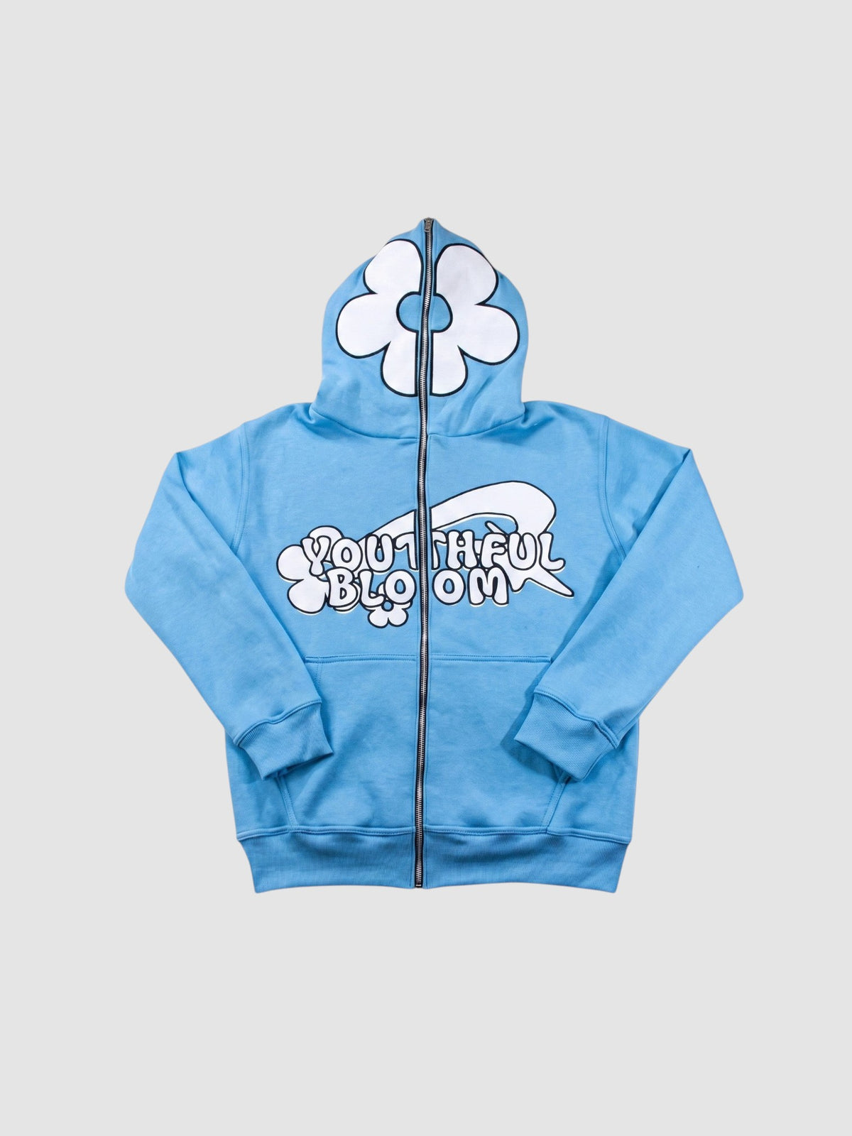 Y2K Studio sky blue zip-up hoodie featuring a large white flower on the hood and bubble lettering graphic on front.