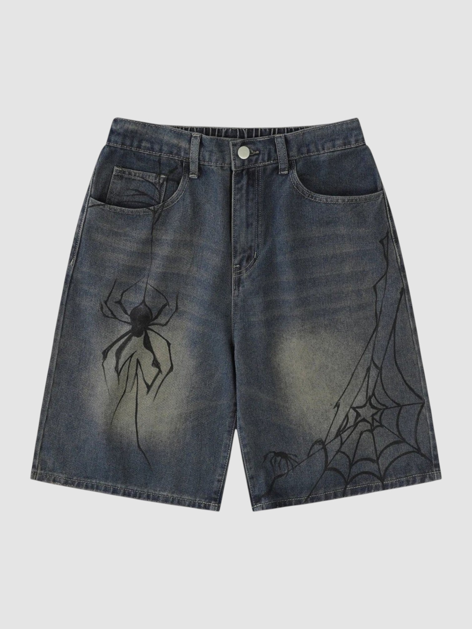Y2K Studio blue denim jorts featuring a black spider graphic on the left leg and a web design on the right leg.