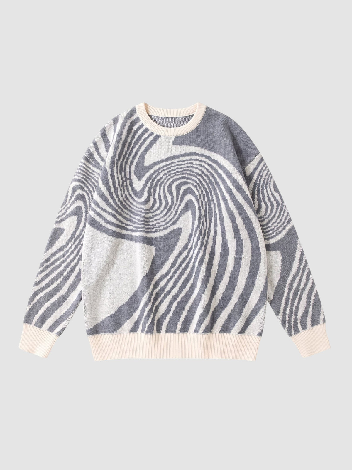 Y2K STUDIO navy and off-white spiral pattern knit sweater with a round neck and ribbed trim in a lightweight style.