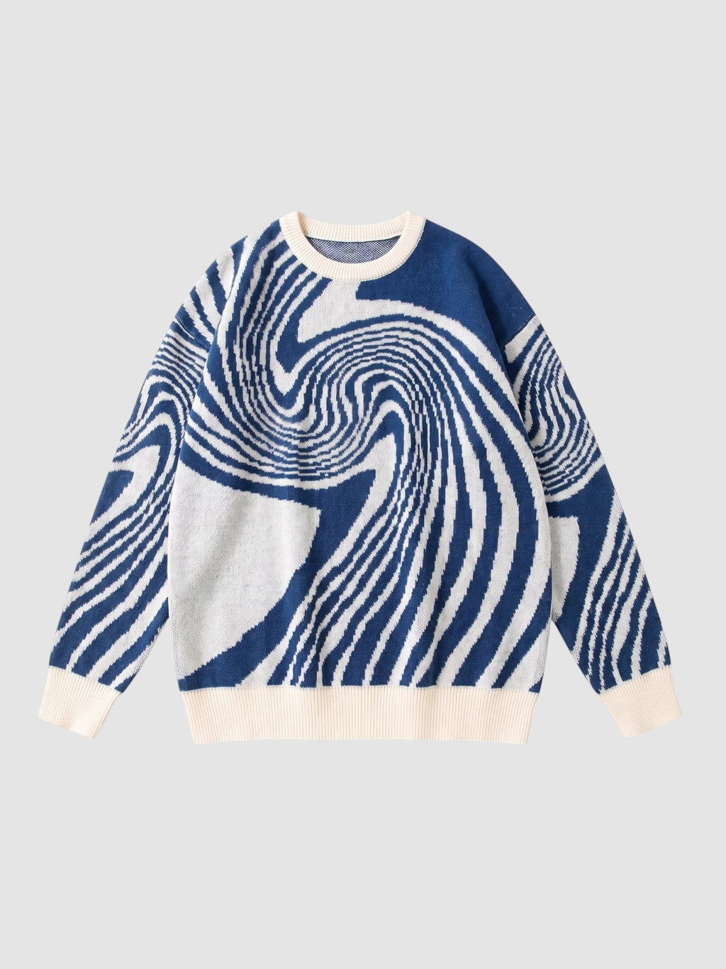 Y2K STUDIO long-sleeve knit sweater featuring a navy blue and off-white spiral swirl pattern with ribbed trim.
